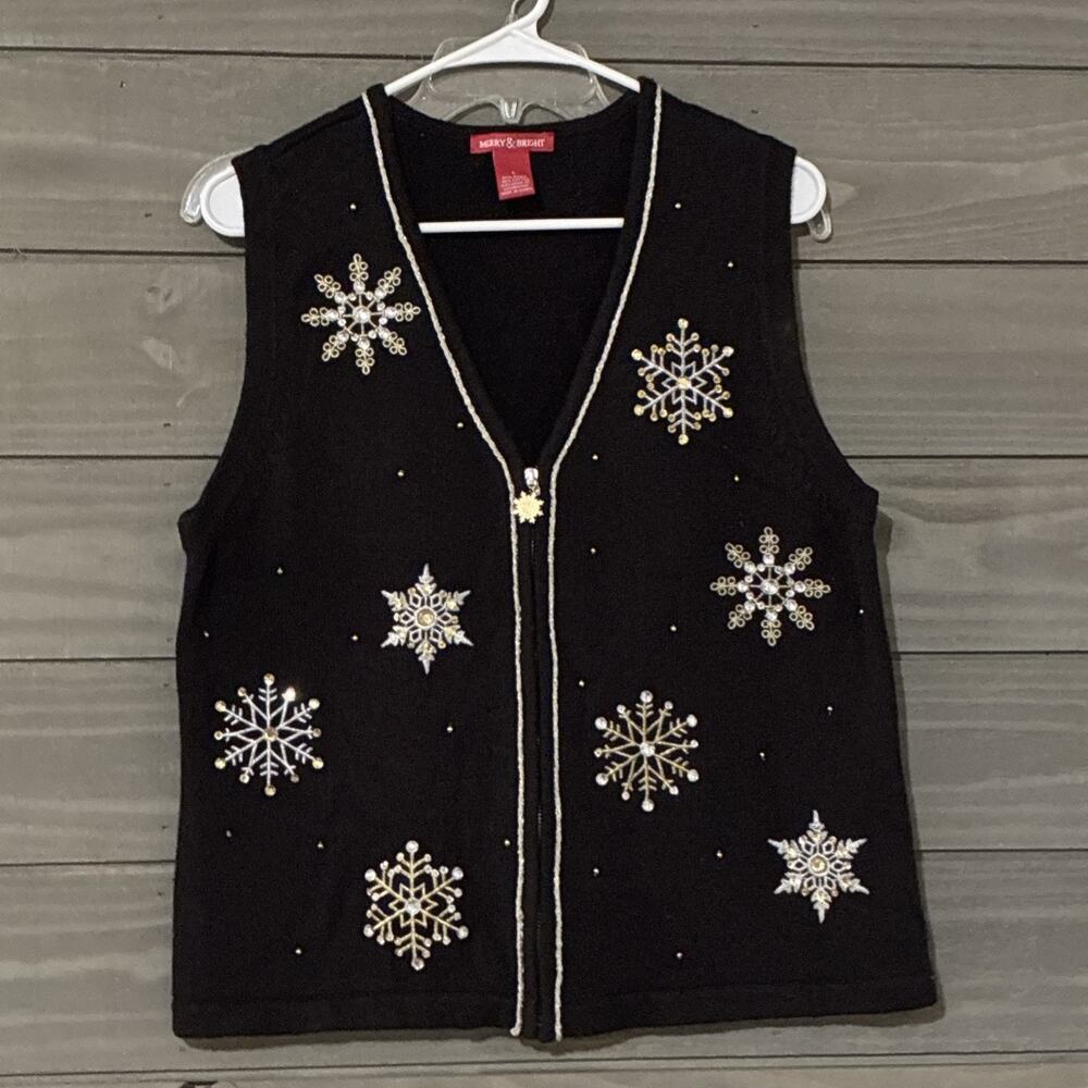 Merry & Bright Christmas Holiday Sweater Vest Womens L Snowflakes Festive